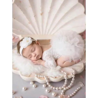 Newborn Baby Girl Photoshoot Outfit - summer lace romper with tutu and flower headband