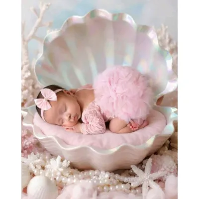 Newborn Baby Girl Photoshoot Outfit - lace romper with bowknot pearl headband