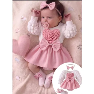Newborn baby girl photoshoot outfit - 4-piece heart & bow bodysuit dress with bow headband & socks