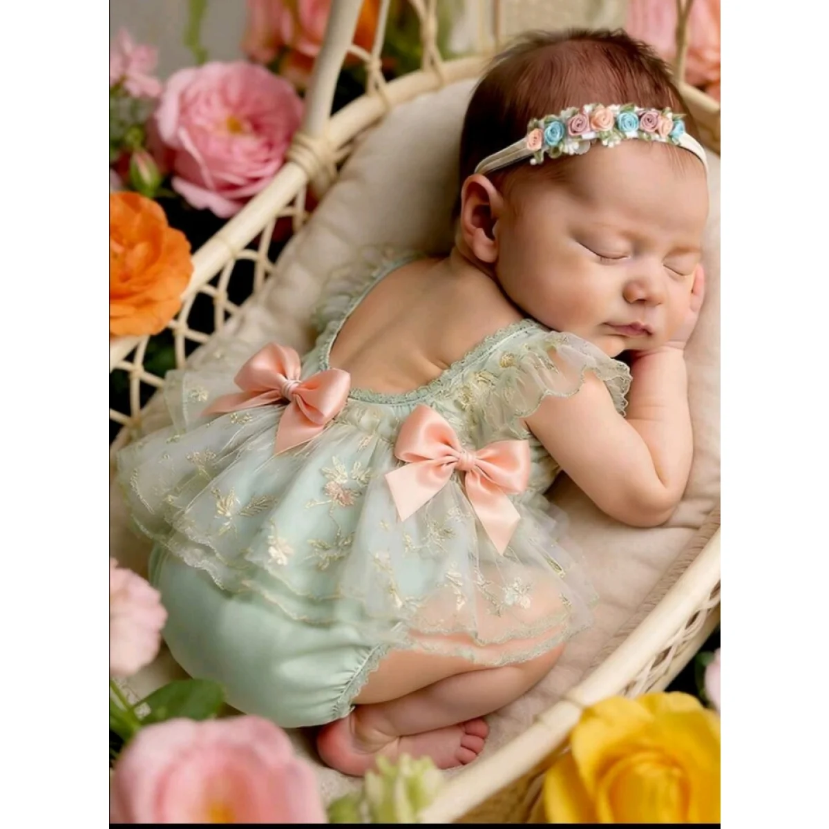 Newborn baby girl photoshoot outfit - lace embroidery romper dress with floral headband