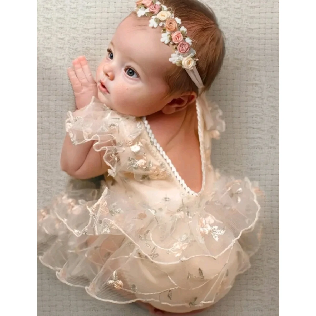 Newborn baby girl photoshoot outfit - floral embroidery lace trim romper & headband