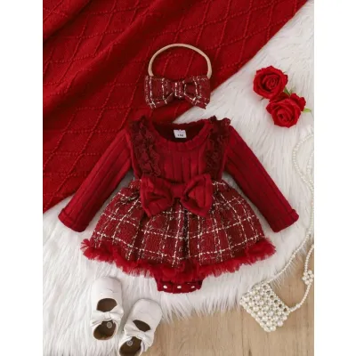 Baby girl Christmas outfit - 1pc woven long sleeve dress with bow tie & headband