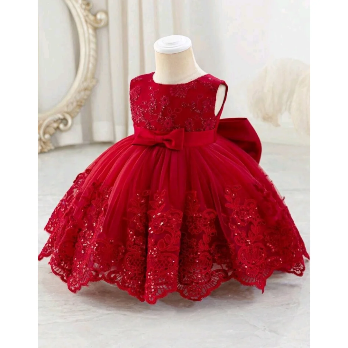 Baby girl Christmas outfit - embroidered sequin mesh sleeveless v-back dress with detachable bow