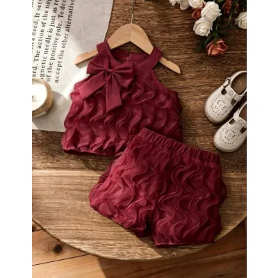 Baby girl Christmas outfit - 2-piece bow decor round neck halter tank top with casual shorts