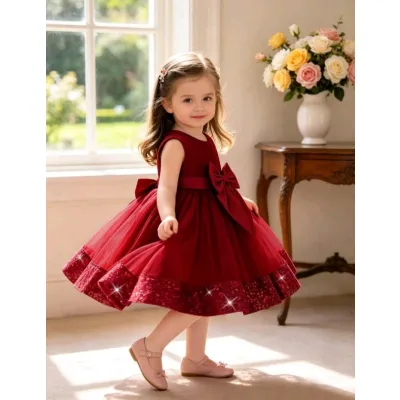 Baby girl Christmas outfit - tulle bow sequin puff princess dress