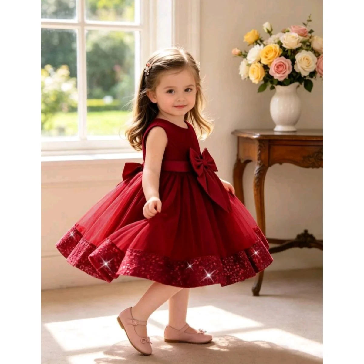 Baby girl Christmas outfit - tulle bow sequin puff princess dress