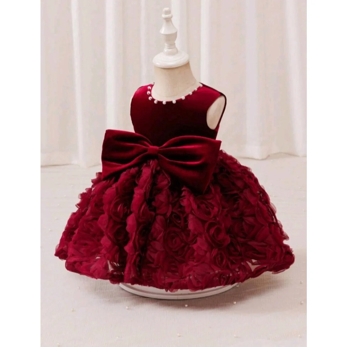Baby girl Christmas outfit - rose embroidered dress with big bow and beaded details