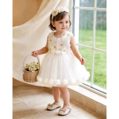 Baby girl birthday outfit - sunflower floral princess dress with headpiece