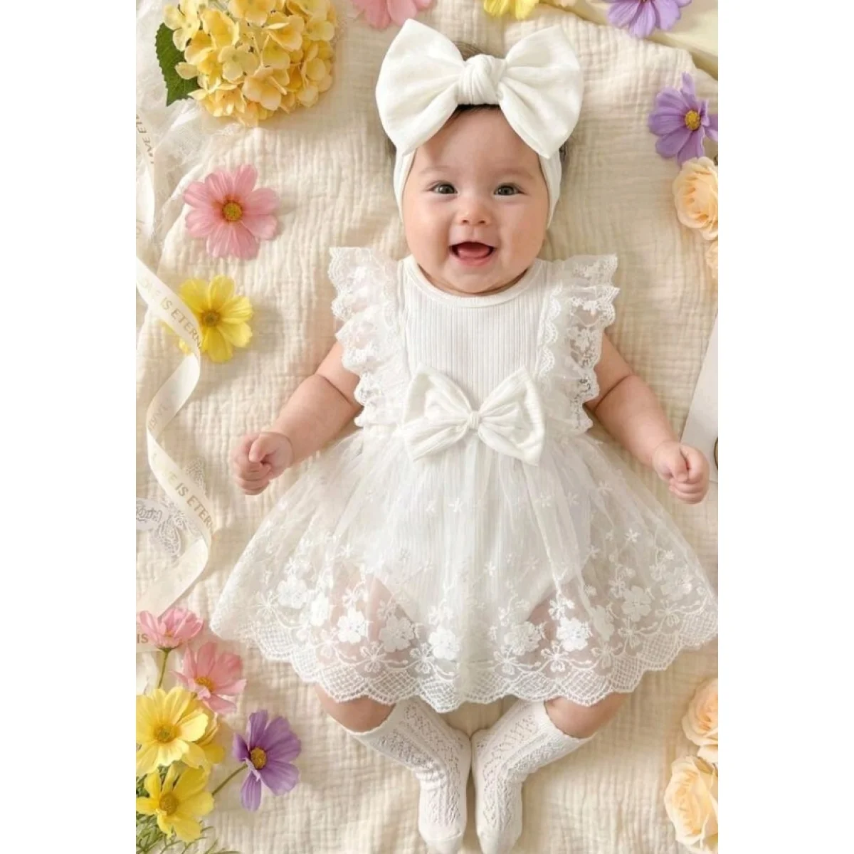 Baby girl Christening outfit - princess lace with bow floral embroidery sleeveless romper dress