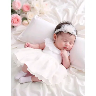 Newborn baby girl christening outfit - elegant lace collar sleeveless princess dress