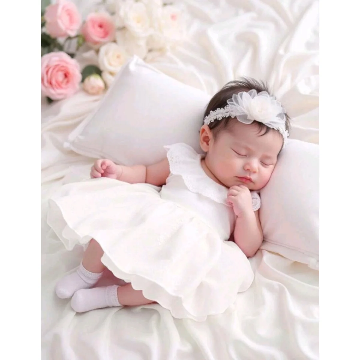 Newborn baby girl christening outfit - elegant lace collar sleeveless princess dress