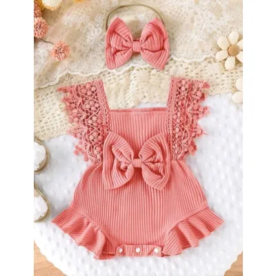 Newborn baby girl photoshoot outfit - lace tassel trim bodysuit with headband