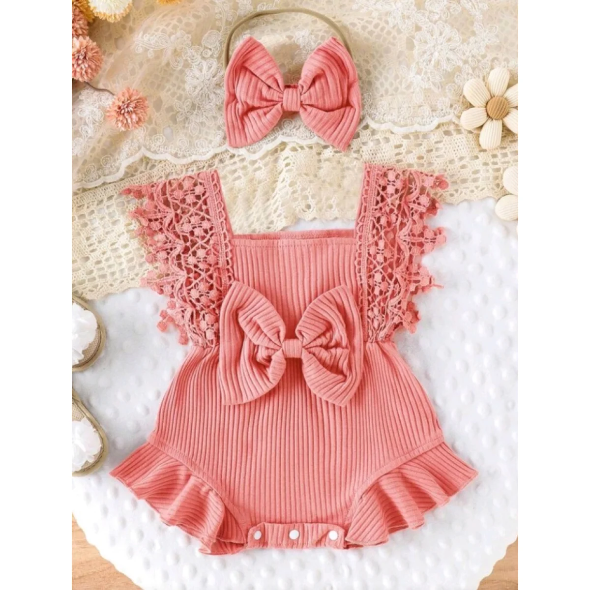 Newborn baby girl photoshoot outfit - lace tassel trim bodysuit with headband