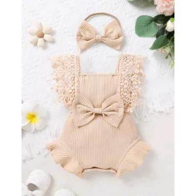 Newborn baby girl photoshoot outfit - lace tassel trim bodysuit with headband
