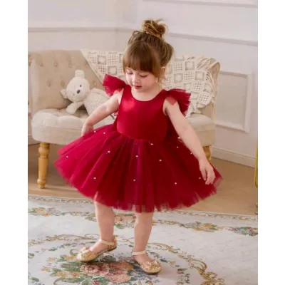 Baby girl Christmas outfit - cap sleeve bow beaded mesh princess dress