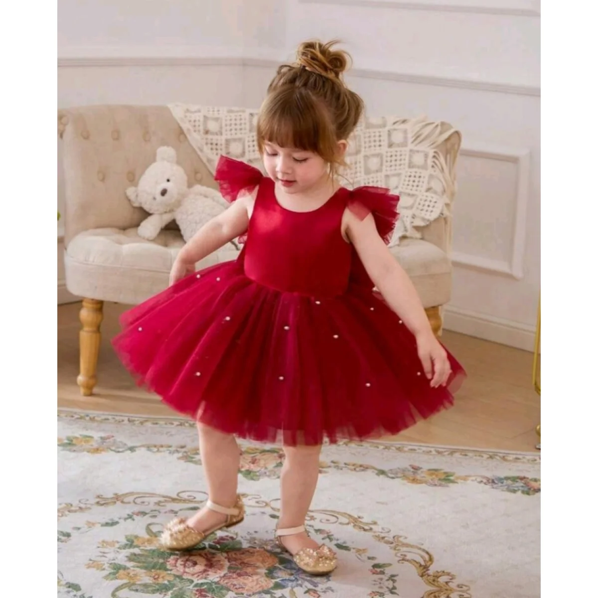 Baby girl Christmas outfit - cap sleeve bow beaded mesh princess dress