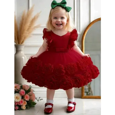 Baby girl Christmas outfit - floral mesh satin flower princess dress
