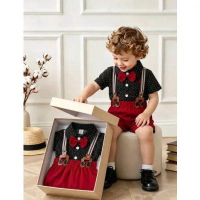 Baby boy Christmas outfit - short sleeve shirt and overall shorts set
