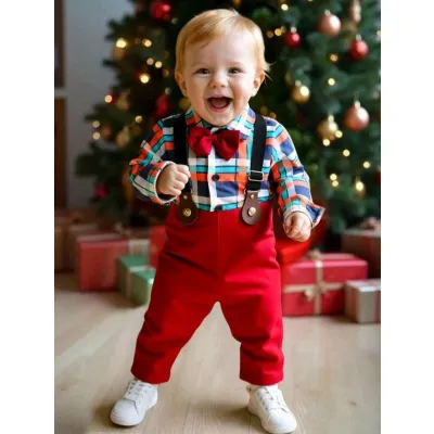 Baby boy Christmas outfit - 2-piece plaid long-sleeve shirt with bow tie & suspender pants suit