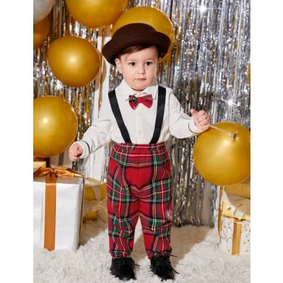 Baby boy Christmas outfit - shirt and suspender pants with bow