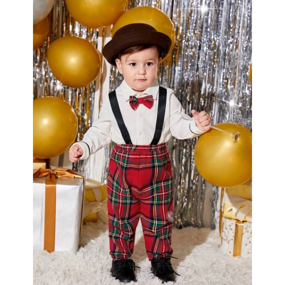 Baby boy Christmas outfit - shirt and suspender pants with bow
