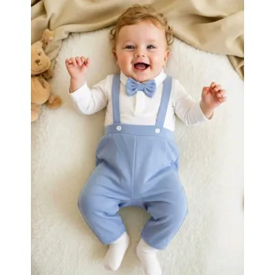 Baby boy Christening outfit - 2-piece polo collar romper with bow tie and overall pants set