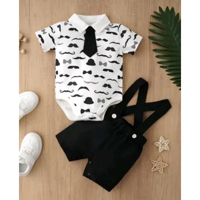 Baby boy birthday outfit - mustache print short sleeve with tie suit